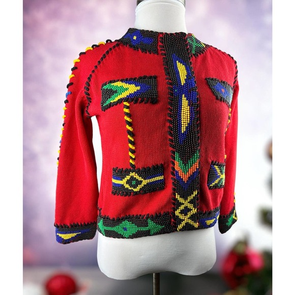 Vintage 90's Michael Simon Beaded Cardigan Thick Knit Sweater Red Size 1 H14823 - Picture 12 of 12
